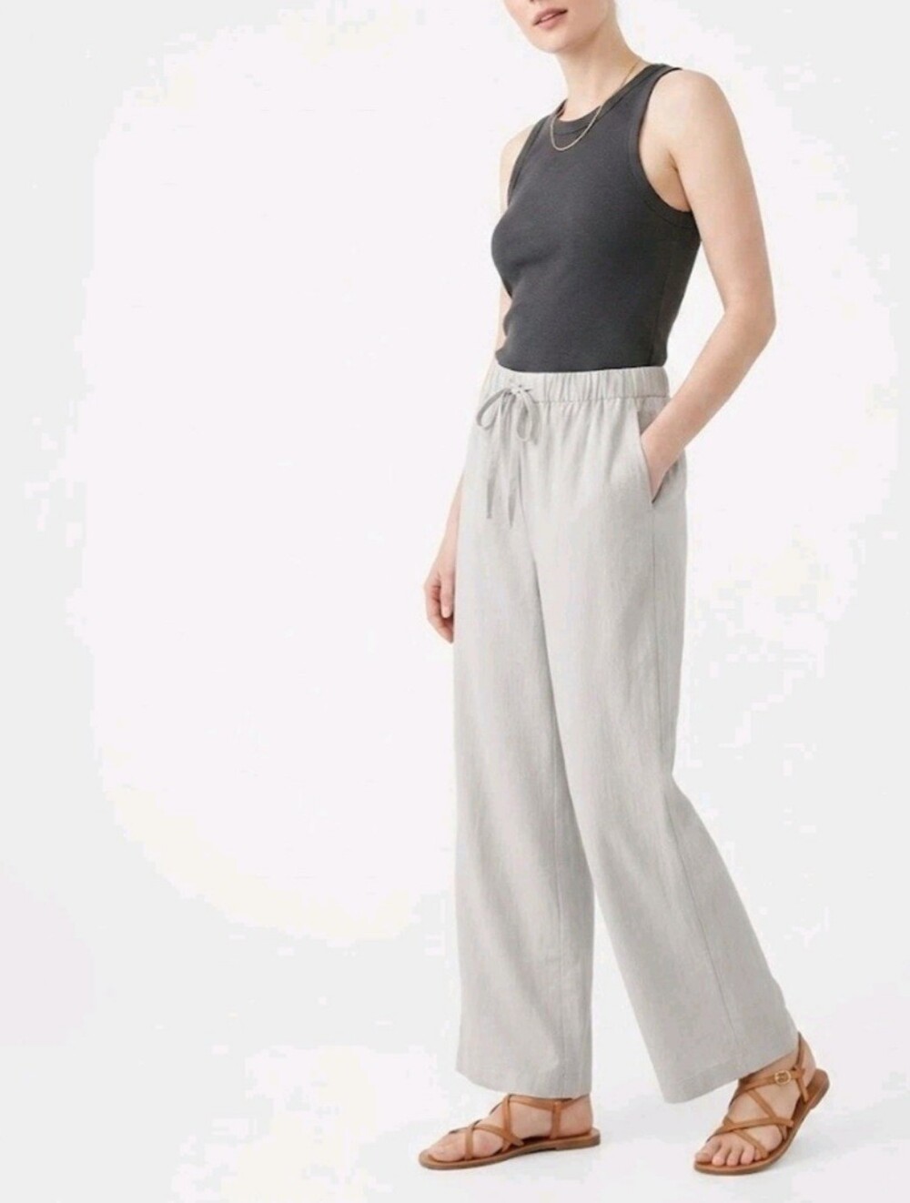 Ellen Tracy Linen Light Gray Wide-Leg Drawstring Pants